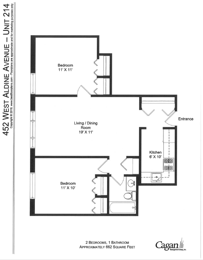 Floor plan for 2 beds, 1 bath, 865 sqft